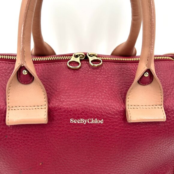SEE BY CHLOE Burgundy Tan Pebbled Leather Luxury Designer Handbag Purse - Picture 3 of 12